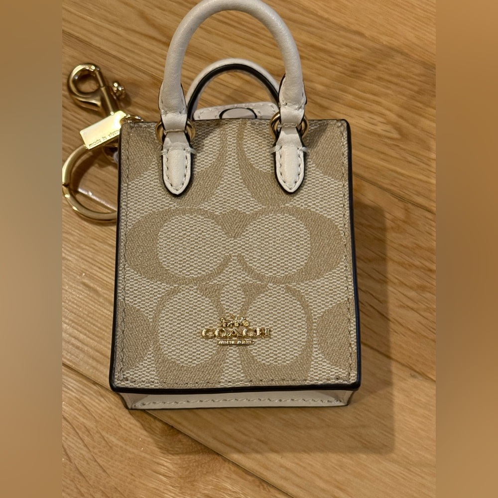 Coach Beige and White Mini Tote Keychain